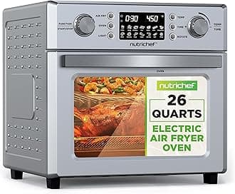 26L Electric Air Fryer Oven | 1700W Countertop Rotisserie & Air Fryer | 360° Rotating Feature | 10 Digital Menu Presets | Includes Drip Tray, Air Frying Basket & Bake Rack 15x16x14 (Silver)