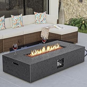 COSIEST 56-inch x 28-inch Outdoor Propane Fire Pit Coffee Table w Concrete Rectangle Base, 50,000 BTU, Free Lava Rocks and RainCover, Fits 20lb Tank Outside, Gray