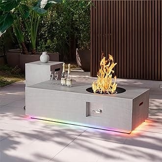 48" Patio Fire Pit Table Round Burner with Multiple Color LED Lights, 50,000 BTU Fire Pit Table with Lid, Rocks, Cover & Tank Storage, Propane Outdoor fireplace (Light Grey/RGB Light, 48" LED)
