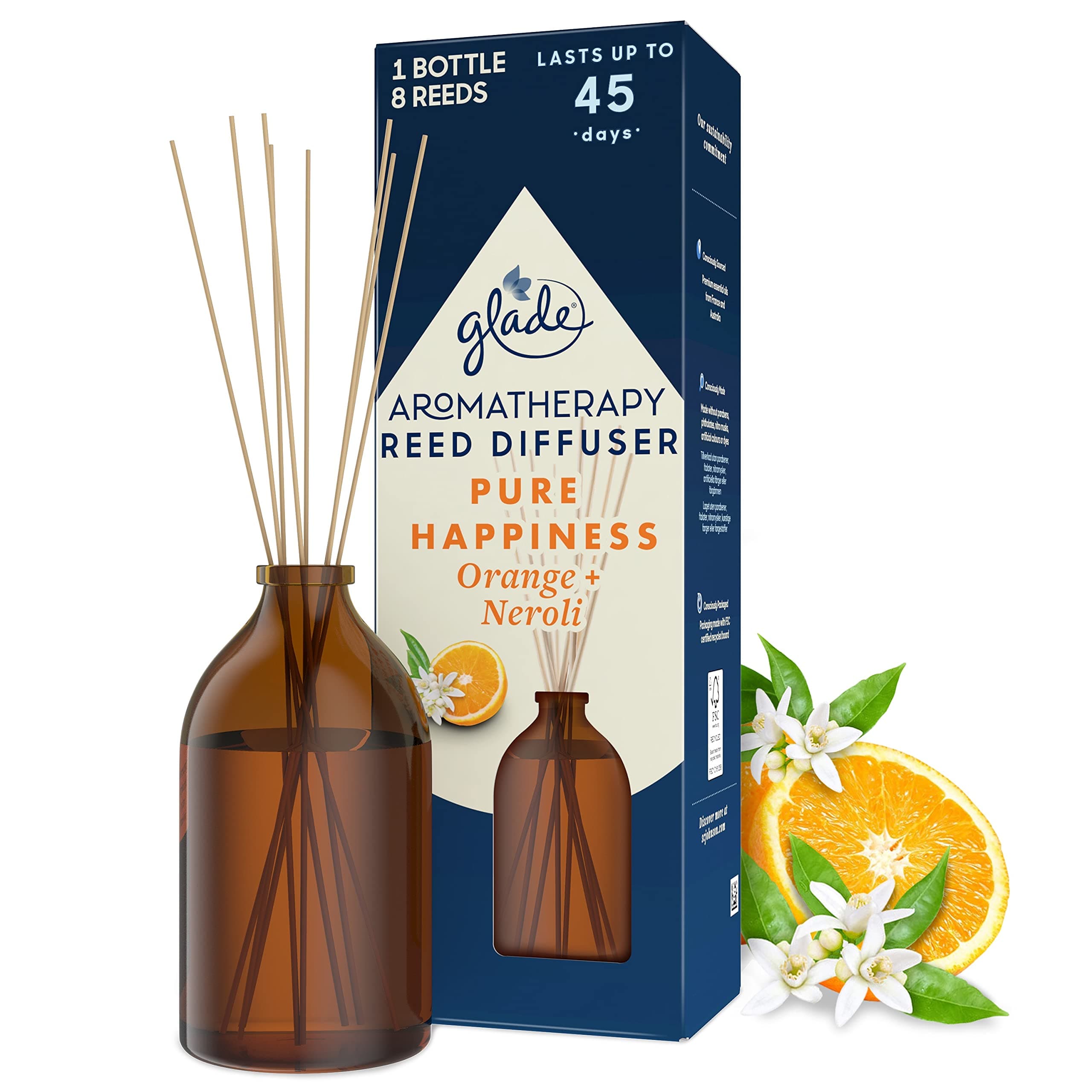 Aromatherapy Reed Diffuser, Home Decor Essential Oils Diffuser Uplifting Fragrance, Pure Happiness with Brazilian Orange & North African Neroli Blossom, 80 ml