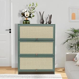 Natural Green Shoe Storage Cabinet, Bamboo Shoe Floor Storage Organizer Rack with 3Doors Free Standing Shoe Racks Shoe Cabinet for Entryway Hallway Closet Bedroom (Green, 31.5*12.6*41.7in)