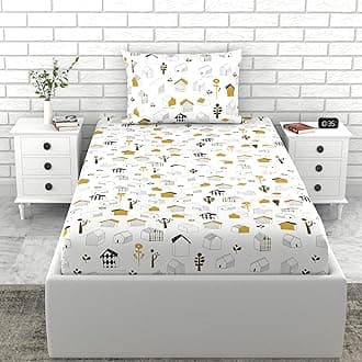 LORETO - A QUALITY LINEN BRAND 100% Cotton Single Bedsheet & Pillow Cover, Kids House Drawing Design, White, 144 TC, 1 Set