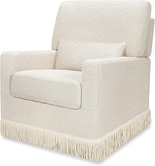 NAMESAKE Crawford Pillowback Comfort Swivel Glider in Ivory Boucle with Ivory Tassel Fringe, GREENGUARD Gold and CertiPUR-US® Certified, Easy Assembly