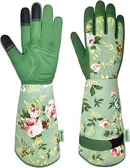 WANCHI Gardening Gloves for Women, Comfortable Floral Long Sleeve Garden Gloves for Gardening and Outdoor Work, Durable Leather Long Gardening Gloves, Great Gift Ideas for Ladies, Green Print (Large)