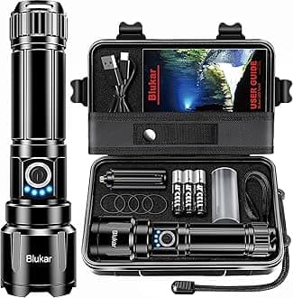 Blukar Rechargeable Flashlight High Lumens, Super Bright LED Powerful Tactical Torch - 5 Light Modes, Zoomable, Long Lasting, Waterproof Handheld Flash Light for Emergency, Camping, Hiking