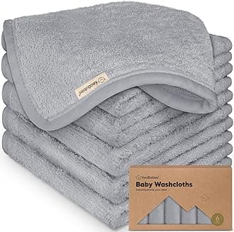 6-Pack Organic Baby Washcloths - Soft Bamboo Washcloth, Baby Wash Cloths, Baby Wash Cloth for Newborn, Kids, Baby Towels, Baby Bath Essentials, Face Towel, Face Cloths for Washing Face (Cool Gray)