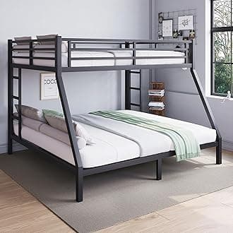 Metal Full XL Over Queen Bunk Bed for Kids & Adults with Extra Thick Support Columns & Higher Guardrail, 2 Ladders, Squeak-Free, Heavy Duty, No Box Spring Needed, Easy Assembly, Black