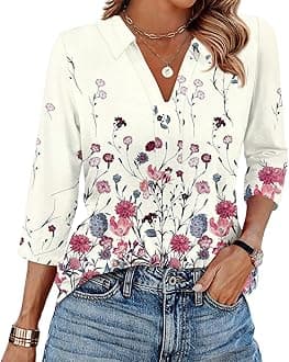 Women's 3/4 Sleeve V-Neck Collared Tops Summer Business Casual Work Polo Shirts 2025 Trendy Loose Fit Basic Tees