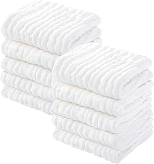 Yoofoss Muslin Baby Washcloths 100% Organic Cotton Face Towels 10 Pack Wash Cloths for Baby 12x12in Soft and Absorbent Baby Wipes (White)
