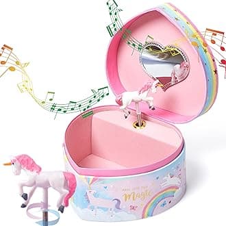 Jewelkeeper Music Jewelry Box for Girls - Sturdy Plastic with Fancy Mirror Twirling Unicorn Figurine and Flocked Lining - Kids Jewelry Box for Secrets and Keepsakes - Heart Shaped Unicorn Print