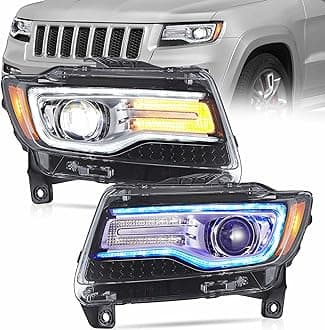 LED Headlights Fit for 2011 2012 2013 Jeep Grand Cherokee WK2, Front Light with Blue Dynamic Startup DRL, Chromed Housing