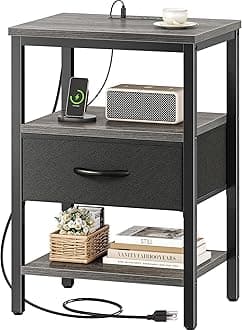 SUPERJARE Nightstand with Charging Station, Bed Side Table with Adjustable Fabric Drawer, Night Stand for Bedroom, 3-Tier Storage End Table, for Living Room, Charcoal Gray