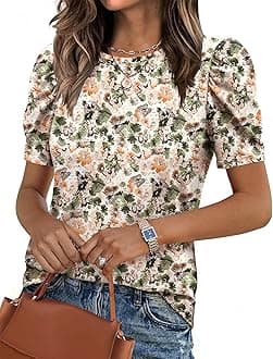 Blouse for Women Dressy Casual Puff Short Sleeve Boho Tops Fashion Floral Crew Neck Tunic Shirts Summer Clothes