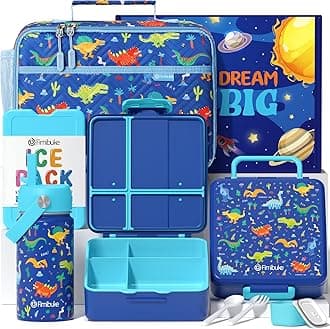 Fimibuke Bento Lunch Box for Kids with Insulated Bag, Toddler Water Bottle & Ice Pack - Leak Proof Bento Box with 4 Compartments Double Wall Vacuum Metal Bottle for Ages 3-12 Girls Boys for School