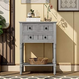 Knocbel Slim Antique Entry Console Table with Drawers & Bottom Open Shelf, Solid Wood Sofa Couch Table for Entryway Hallway Living Room (Gray Wash)