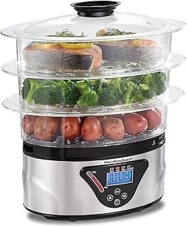 Digital Electric Food Steamer & Rice Cooker for Quick, Healthy Cooking with Stackable Three-Tier Bowls for Vegetables and Seafood, 8.25 Quart, Black & Stainless Steel