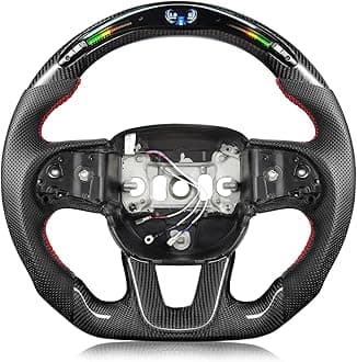 Tesfeel Carbon Fiber Steering Wheel for Dodge Challenger 2015-2024 Perforated Leather with 32 LED Shift Indicator Steering Wheel D-shaped Flat-bottom(SXT/GT/RT/SRT/For Hellcat)