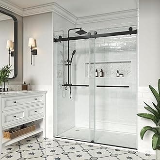 Frameless Shower Door, 56"-61" W x 79" H, Width Adjustable, SGCC Certified 3/8" (10 mm) Clear Tempered Glass, Double Sliding Shower Door, Stainless Steel Matte Black Finish DS01