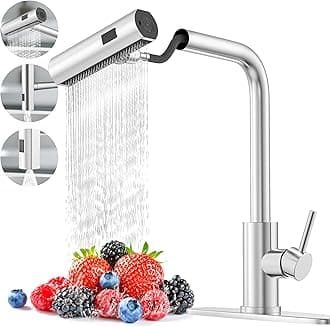 Brushed Nickel Single Hole Kitchen Faucets with Pull Down Sprayer, Single Handle, High Flow Water, Pull Out Tap, Stainless Steel Sink Faucet, Suitable for Farmhouse Camper Laundry Rv Bar