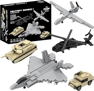 5 Military Building Block Sets (659 Pieces) F-22 Raptor, M1 Abrams Tank, Black Hawk Helicopter, Reaper UAV and Humvee Army Truck Scale Models for Kids and Adults