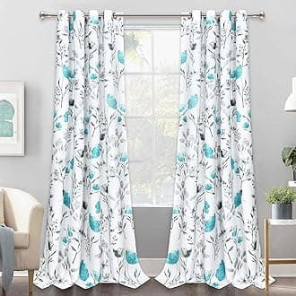 Likiyol Floral Curtains Watercolor Flower Leaves Window Curtains,Teal and Gray Floral Drapes Grommet Window Drapes for Bedroom Living Room Kitchen Bathroom Nursery (52 x 96 Inch, 2 Panels)