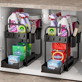 GEMWON Under Sink Storage Kitchen Organiser, 2 Tier Sliding Kitchen Storage Under Sink shelf, Multi-Purpose Organisation for Bathroom, Bottom Slide Out Basket Black 2Piece
