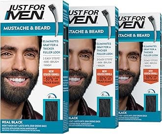 Just For Men Mustache & Beard, Beard Coloring for Gray Hair with Brush, With Keratin Biotin Aloe and Coconut Oil for Healthy Facial Hair - Real Black, M-55, Pack of 3 (Packaging May Vary)