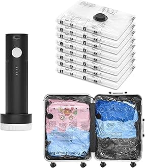 Vacuum Bags for Travel with Rechargeable Pump, 8 Large Compression Packing Seal Bags for Luggage Suitcase, Space Saver for Clothing and Clothes Storage Travel