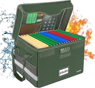 DocSafeFireproof Document Box with Lock,File Storage Organizer with Mesh Pockets＆Lid,Collapsible Portable File Box Home Office Safe Filing Cabinet with Handle for Hanging Letter/Legal Folder,Green