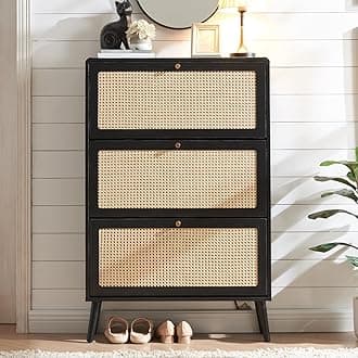 Rattan Shoe Cabinet with 3 Flip Drawers, 24 Pairs Narrow Shoe Storage Cabinet for Entryway Freestanding Hidden Shoe Rack, Modern Slim Wood Shoe Organizer for Hallway, Black