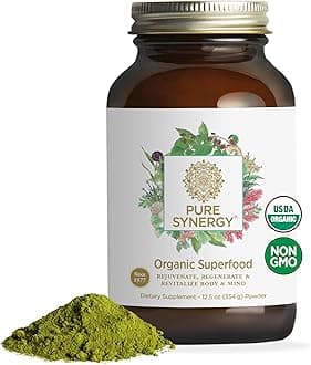 PURE SYNERGY Organic Superfood Powder | Green Superfood Powder | Whole Food Supplement with Organic Greens, Spirulina and Mushrooms | for Energy, Healthy Aging, and Immune Health (12.5 oz)