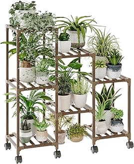 Plant Stand with Wheels for Indoor Plants Wood Outdoor Tiered Shelf 3 Tire 7 Potted Ladder Plant Holder Table Pot Stand for Window Garden Balcony Patio Living Room (natureDL)