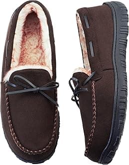 Mens Moccasin Slippers with Memory Foam Arch Support, Non Slip Rubber Sole House Shoes for Men Machine Washable Warm Fleece Lined Indoor Outdoor Home Shoes