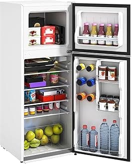4 Cu.Ft Mini Fridge with Freezer, Double Door Compact Refrigerator with Adjustable Thermostat, Shelf and Reversible Door for Bedroom, Dorm, Home Office, Energy Efficient, White
