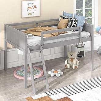 Bellemave Low Loft Bed with Ladder, Wood Loft Bed Twin Size for Adults, Kids and Young Teens, No Box Spring Required,Wood Slat Support (Gray, Slope Ladder)