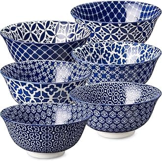 DOWAN Cereal Bowl, Ceramic Soup Bowls Set, 300ml Snack Bowls for Kitchen, Blue and White Vintage Decorative Bowl, for Salad Pasta Rice Oatmeal, Dishwasher & Microwave Safe, Set of 6
