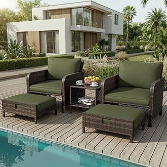 LEVELEVE Patio Conversation Set 5 Piece, Balcony Furniture Outdoor PE Rattan Wicker Lounge Chairs with Soft Cushions, 2 Ottomans & Glass Table for Porch Lawn, Brown (Army Green Cushions