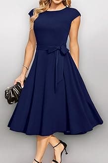 DRESSTELLS Women's Cocktail Dresses, Formal Wedding Guest Modest Church Vintage Tea Party Midi Evening Dress, Navy, Large