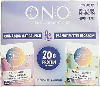 Protein Overnight Oats Variety Pack by Ono – 8 Servings (Cinnamon Oat Crunch & Peanut Butter Blossom) – 20g Protein, Gluten-Free, Low Sugar, with Lion’s Mane Mushroom – Just Add Milk