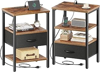 SUPERJARE Nightstand Set of 2, Bed Side Tables with Charging Station, Adjustable Fabric Drawer, Night Stand for Bedroom, 3-Tier Storage End Tables, for Living Room, Rustic Brown and Black