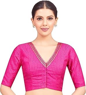 Studio Shringaar Women's Readymade Polyester Elbow Length Sleeves Saree Blouse with Mirror Work