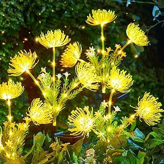Outdoor Solar Garden Lights - 4 Pack LED Solar Flower Lights with Glowing Flowers & Stems, More Realistic, Bigger Solar Panel, Waterproof Solar Lights for Outside Yard Patio Home, Yellow