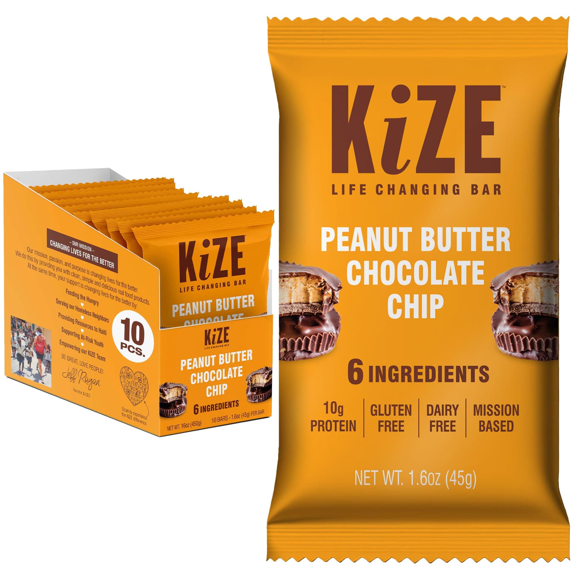 KiZE Energy Bars - Peanut Butter Chocolate Chip - Gluten Free, Dairy Free, Non-GMO, and High Protein Meal Replacement Energy Bars, Clean and Simple Food Ingredients - 10g High Protein Snacks, (10 Count)