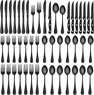 HaWare 48-Piece Black Silverware Set with Steak Knives, Stainless Steel Cutlery Set, Food Grade Flatware Set Service for 8, Mirror Finished Tableware for Home Restaurant, Include Knives, Forks, Spoons