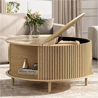 Round Coffee Table with Storage, 31.5" Natural Oak Fluted Center Table with Sliding Door, Modern Circle Drum Table for Living Room, Scandi Wood Furniture for Small Spaces