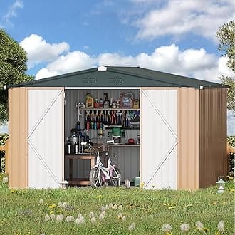 AECOJOY 8' x 10' Outdoor Storage Metal Shed, Steel Yard Garden Sheds & Outdoor Storage Clearance with Design of Lockable Doors, Utility and Tool Storage for Garden, Backyard, Patio, Outside use