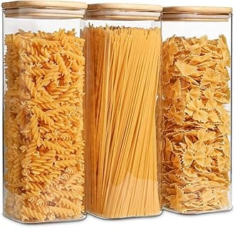 ComSaf Glass Spaghetti Pasta Storage Containers with Lids 71oz Set of 3, Tall Clear Airtight Food Storage Jar with Bamboo Lid for Noodles Flour Cereal Sugar Beans, Sqaure Spaghetti Pantry Container
