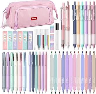 52PCS Aesthetic School Supplies with Cute Pencil Case, 12 Color Pastel Highlighter, 8 Gel Pens, 6 Multicolor Pen, 6 Mechanical Pencils 0.5 & 0.7 mm for Girls Student Stationary Set Preppy Stuff