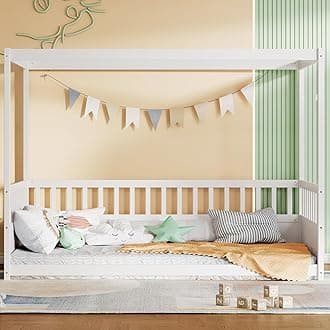 Twin Size Canopy Bed Frame with 4 Posters and Guardrails, Twin Size Montessori Floor Bed with High Fence, White Montessori Bed Twin Size