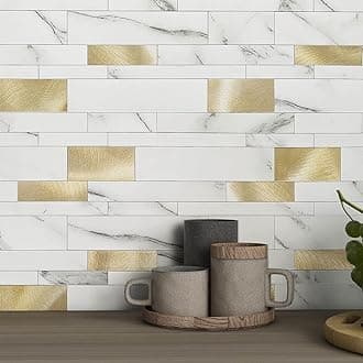 VAOVI Marble Effect Self Adhesive Linear Wall Tiles Metro Brick Stone Tiles,Waterproof Bathroom Wall Panels Matt Heat Resistant Fireplace Peel and Stick Mosaic(White Gold,10sheets)